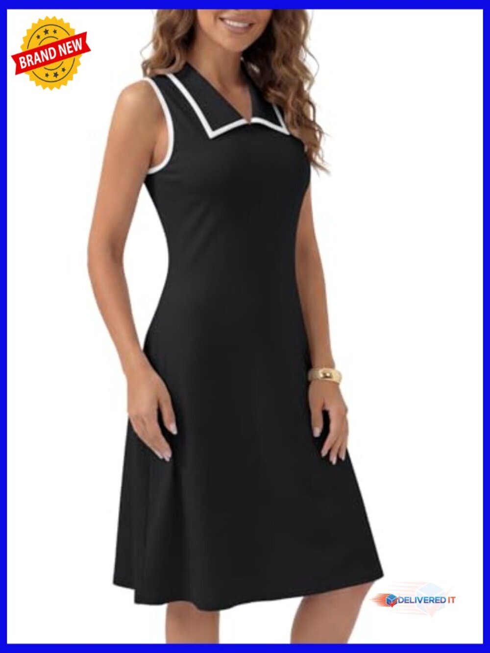 Sleeveless Collared A-Line Flare Midi Dress with Back Button Detail - Picture 3 of 6